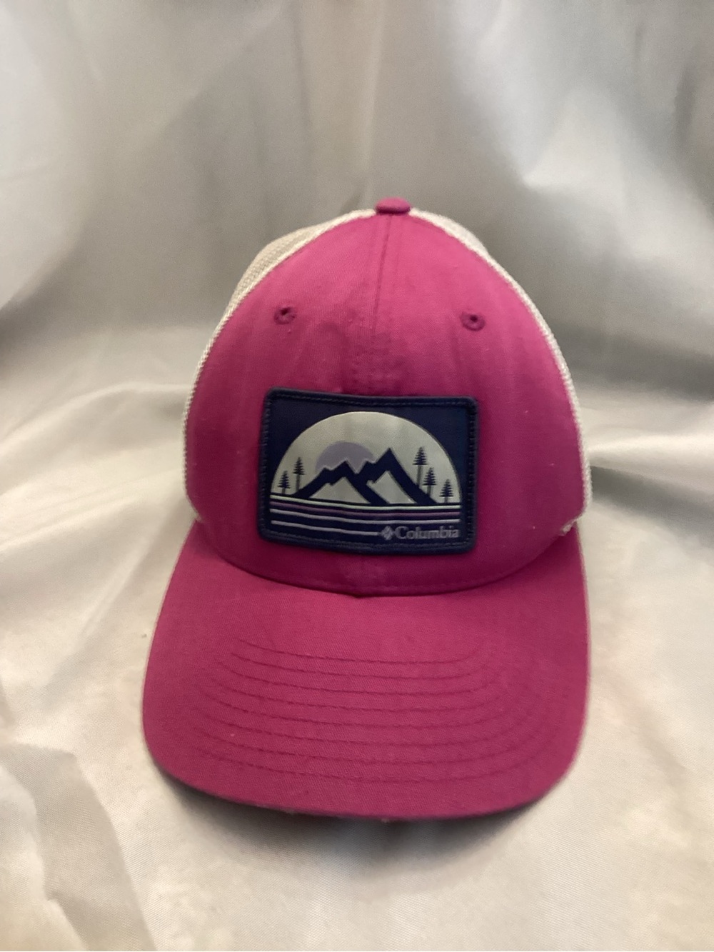 Columbia Hot Pink and White Mesh Trucker Hat with Mountain Patch